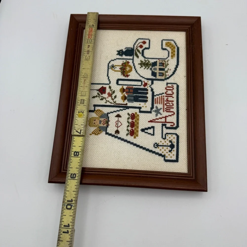 Vintage ABC America Framed Needlepoint Cross Stitch Country Decor 9